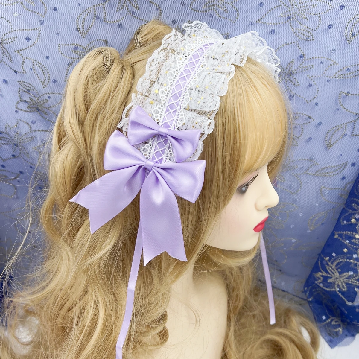 Sweet Star Embroidery Lace Ribbon Lolita Ruffled Headband Bow Hairband with Hairpins Anime Maid Cosplay Headdress