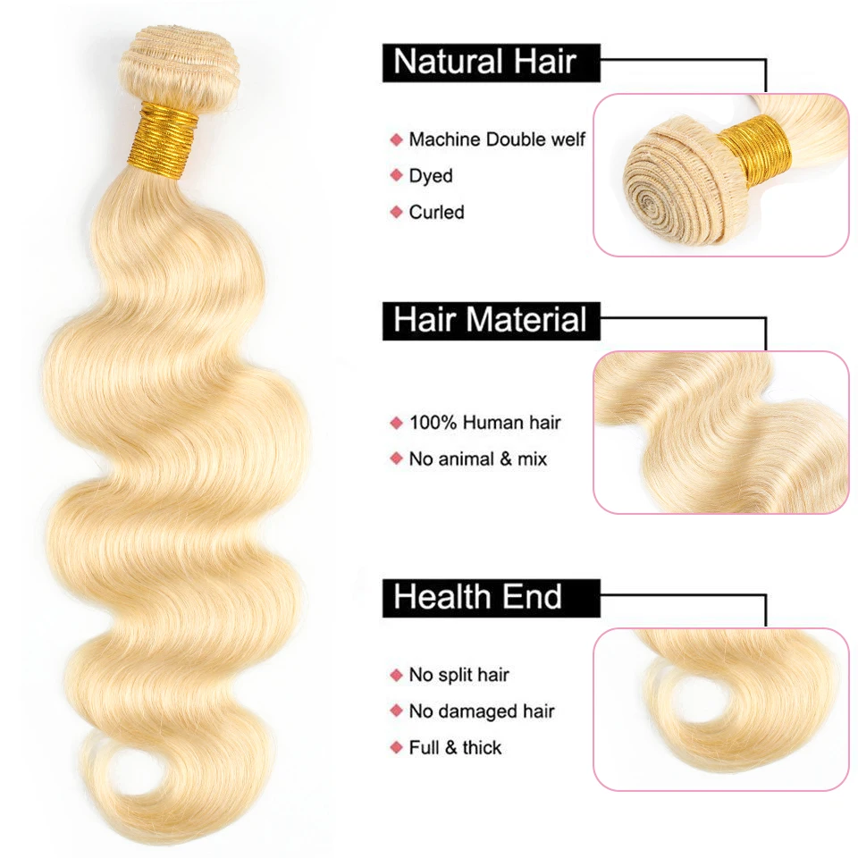 Extensiones de cabello humano Remy brasileño, mechones ondulados, cierre 4x4, 613 Rubio