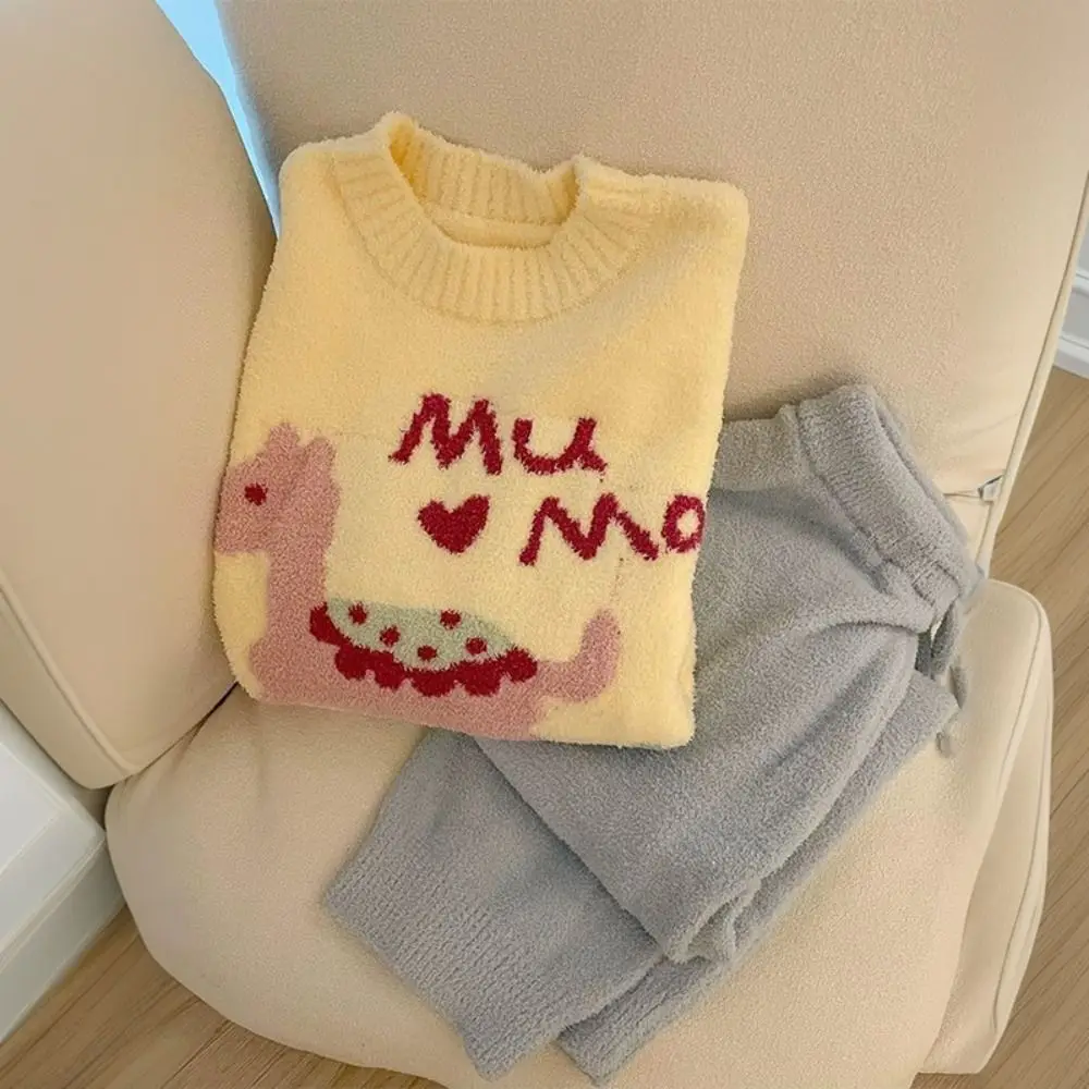 

Comfortable Horse Fleece Pajamas Set Duck Rabbit Long Sleeve Thicken Warm Sleepwear Kawaii Home Wear Winter Nightwear Girl