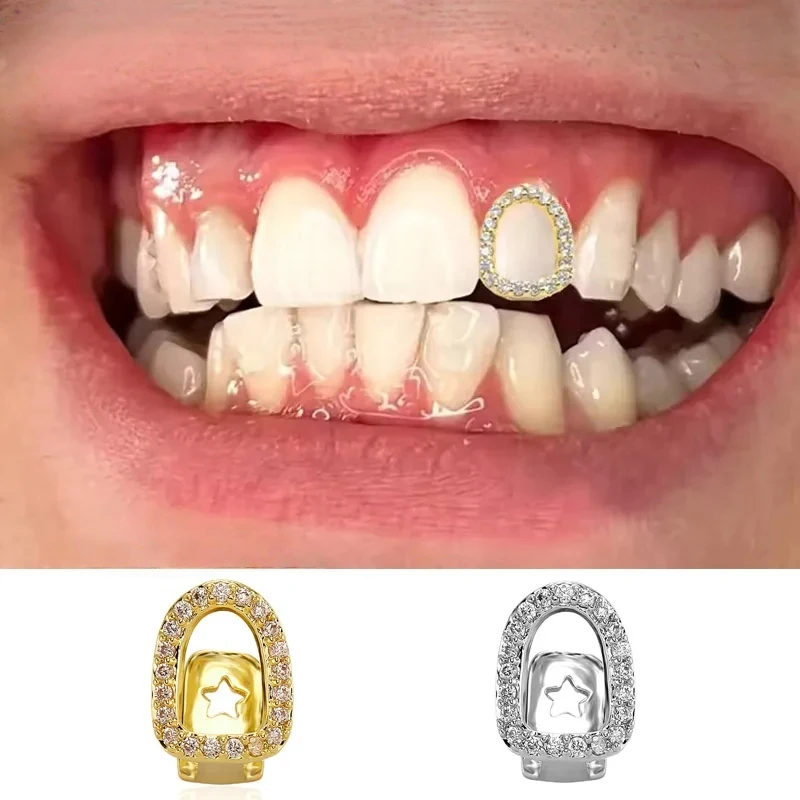 Hip Hop Single Full CZ Stone Hollow Teeth Grillz Dental Grills Shiny Zircon Tooth Caps for Women And Men Jewelry