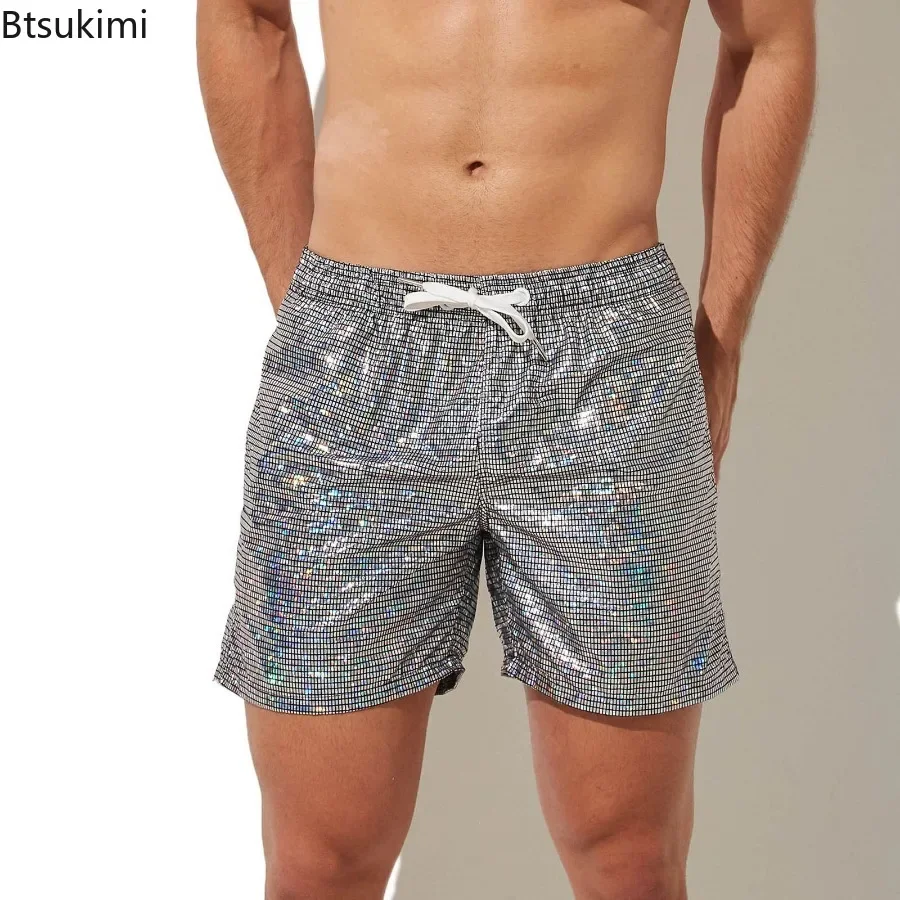 New Men's Summer Board Shorts Glittering Swimming Trunks Metal Shine Swimsuit Shorts with Pockets Beachwear Casual Sports Pants