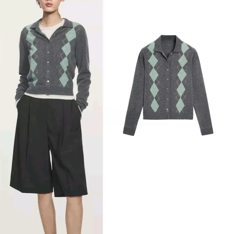 

Новый зимний женский вязаный кардиган из полиэстера с длинными рукавами, стандартной длины, с ромбовидным узором, для повседневной носки