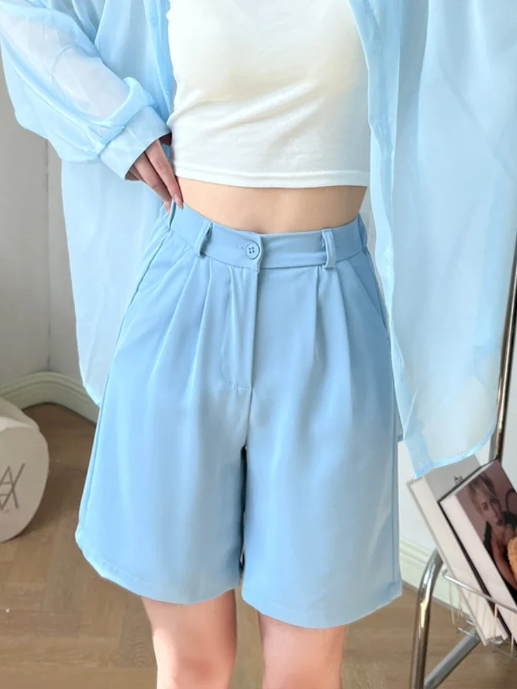 Summer Shorts for Women Solid Color Fashion Korean Edition Women Shorts High Waist Frenulum Elastic Waist Blue Pocket Shorts