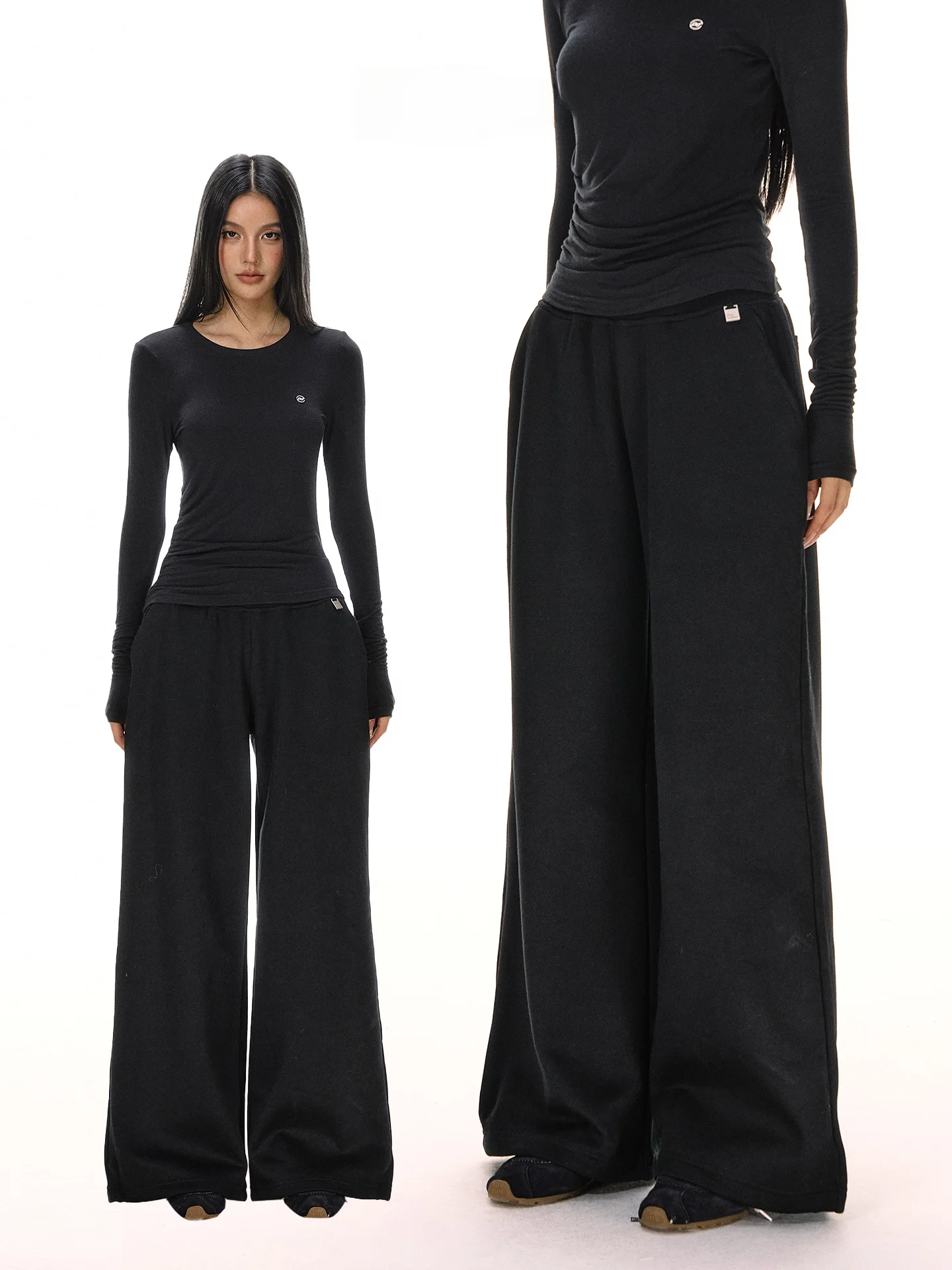 

Свободные широкие брюки женские осенне-зимние новые повседневные прямые брюки с эластичным поясом и высокой талией из хлопка