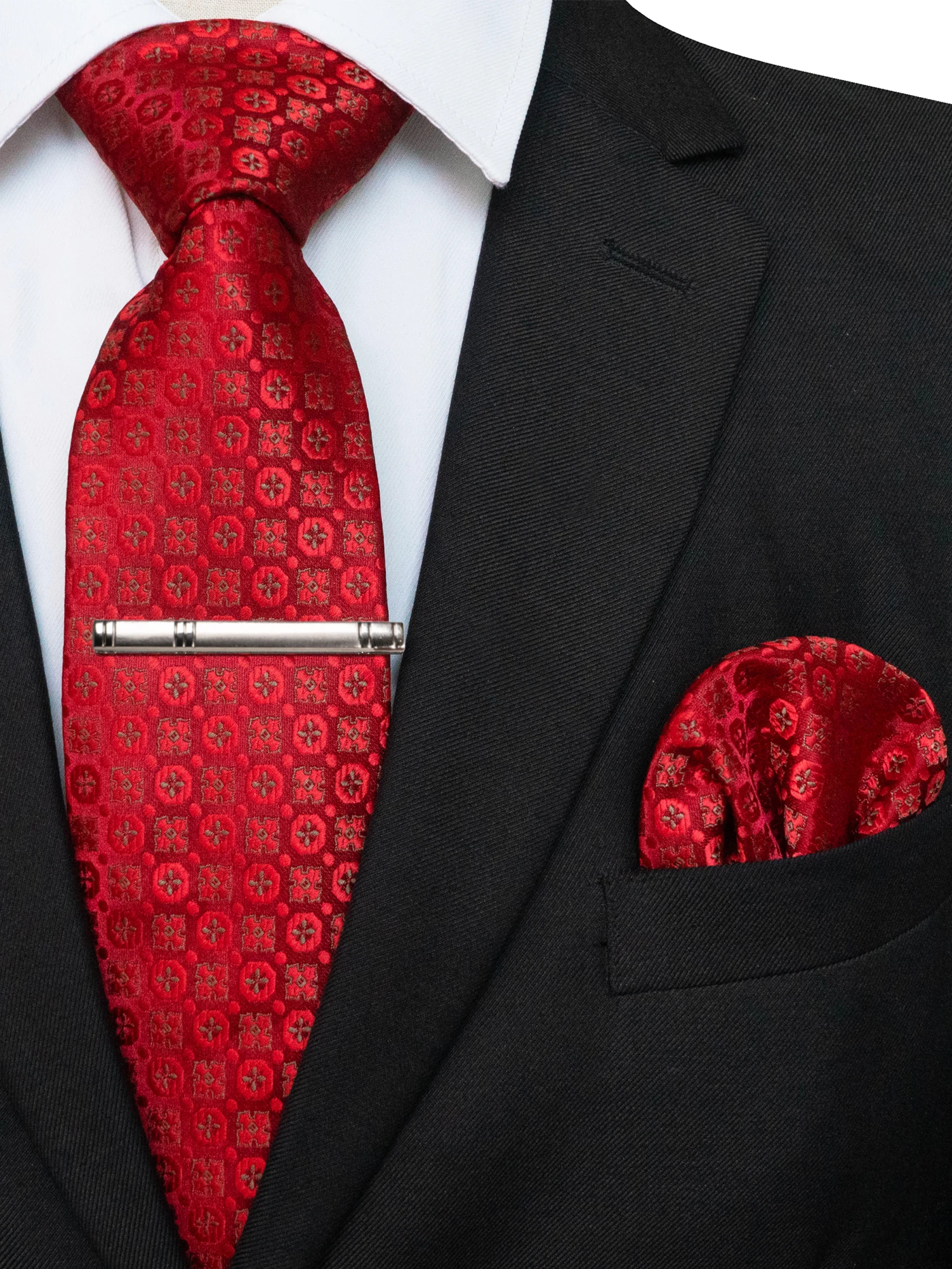 KAMBERFT Klassische Herrenkrawatte mit Krawattenklammer und Einstecktuch, 3-teiliges Set für Büro, Hochzeit, Party – Detail 9