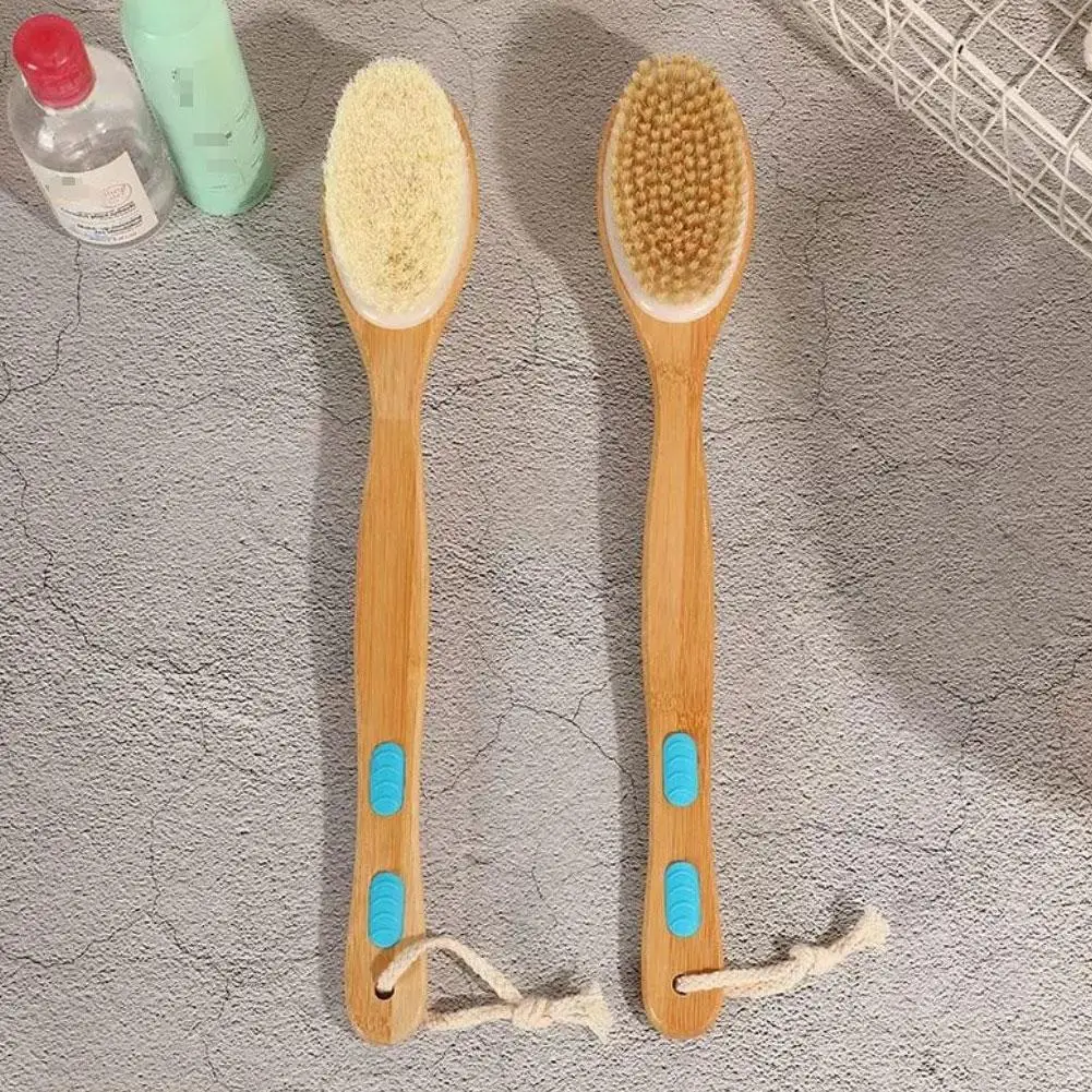 Escova de chuveiro de bambu com cerdas macias e rígidas, alça longa dupla face para banho, purificador traseiro, esfoliante corporal, escova úmida ou seca