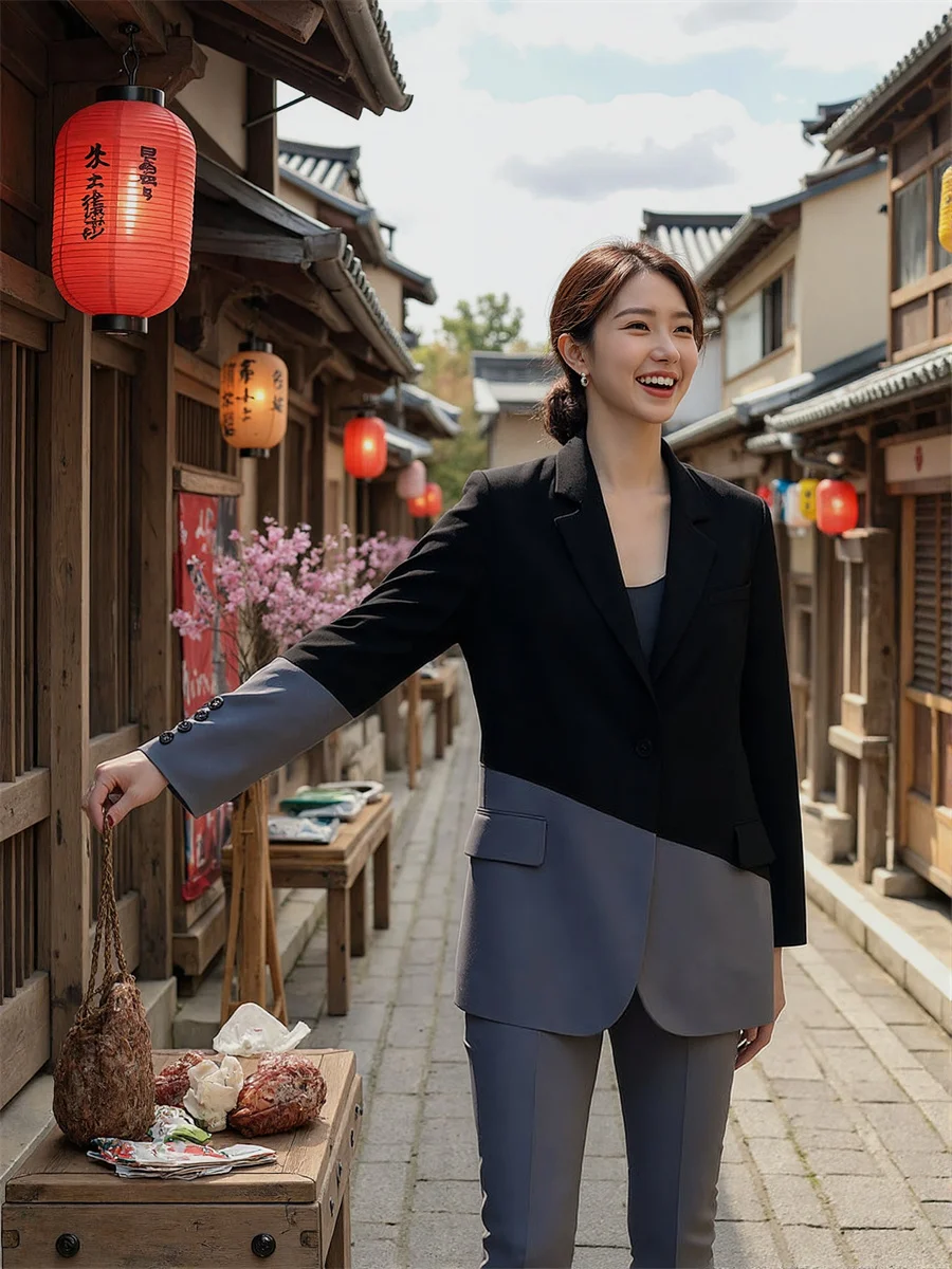 

Patchwork Loose Notched Blazers For Woman 2025 Clothes Women Check Fem Petite Modern Removable Tender Slanted-Breasted Wrinkle