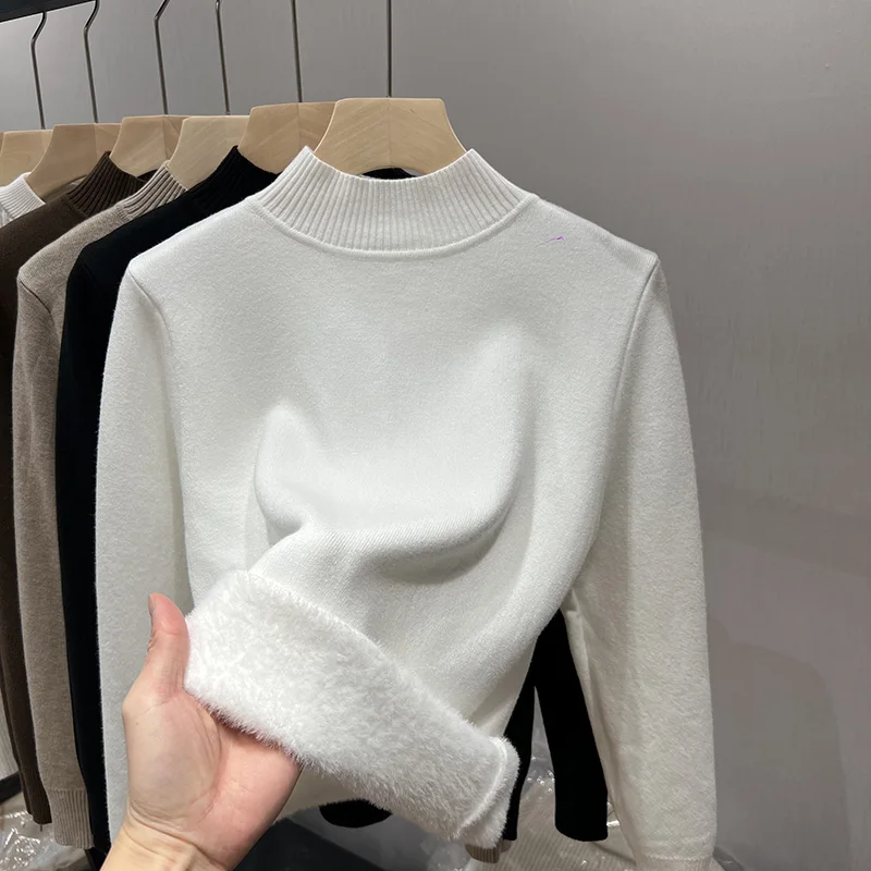 

Knitted Sweater Women Pullovers New Long Sleeve Mock Neck Fleece-lined Knit Sweater Pullover Women Tops Sueters De Mujer Q1331