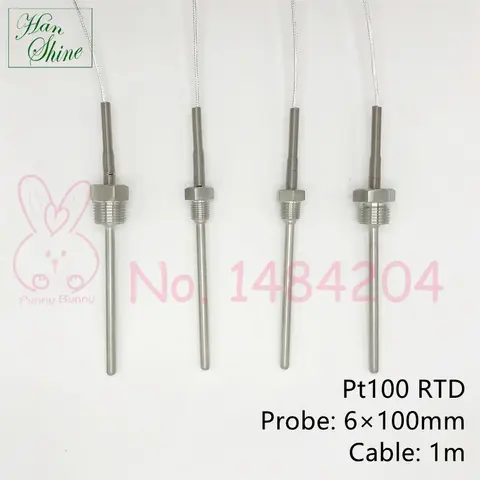 PT100 Temperature Sensor 6mm * 100mm RTD SUS304 Probe with BSP 1/2" NPT 1/4" Thread 1m 3 Wire High Temperature Shielded Cable