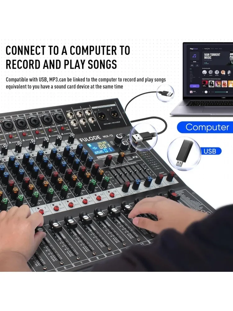 Fast Shipping.12-Channel Bluetooth Studio Audio Mixer 99 Bit DSP Digital Processor w/USB MP3 for PC Recording Input, RCA, XLR Mi