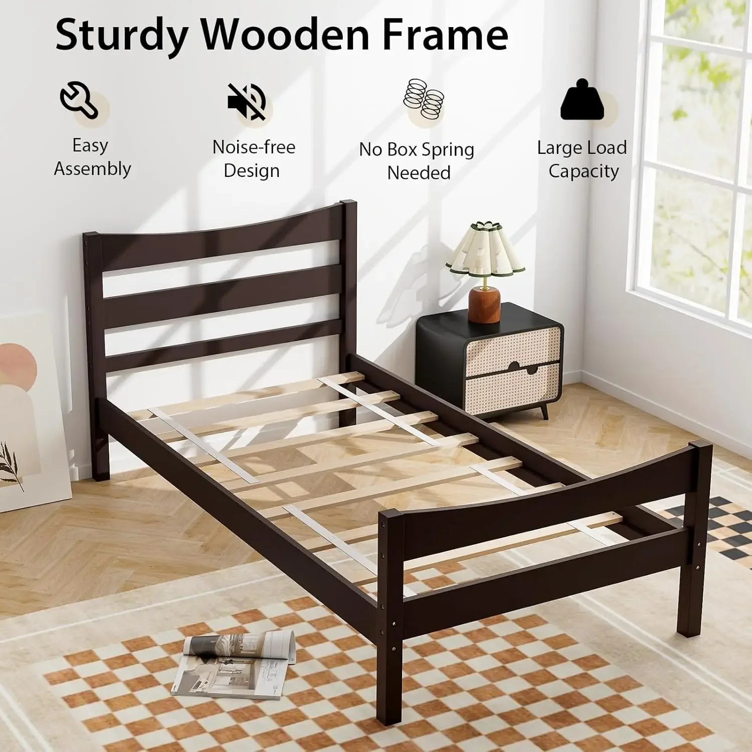 Wood Bed Frame Twin Size, Rustic Style Platform Bed w/Headboard & , Solid Wood Slat Support, No Box Spring Need