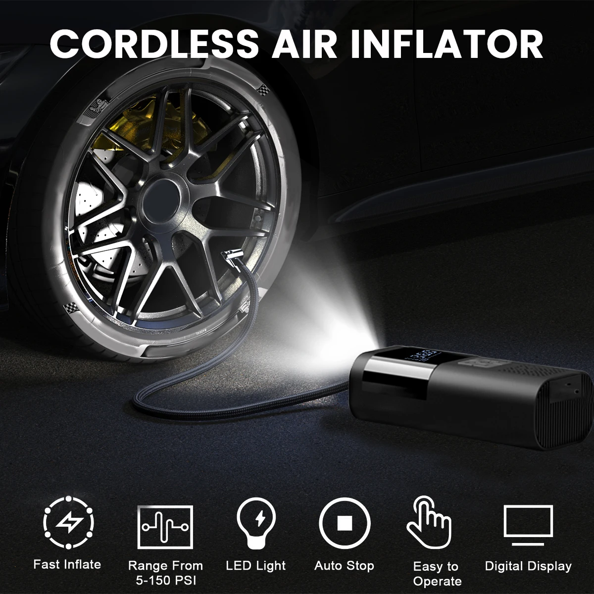 منفاخ إطارات لاسلكي أسرع 150 رطل لكل بوصة مربعة 3X - ضاغط هواء محمول مع مقياس رقمي، ضوء LED للسيارة والدراجة والدراجات النارية والكرات الرياضية #5