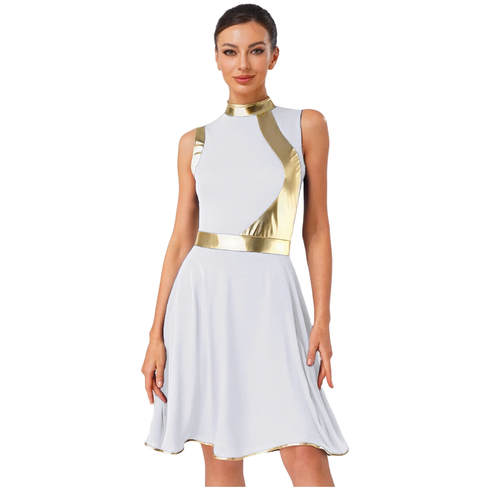 Damska Sukienka do Tańca Lirycznego, Tańca Pochwałowego, Nowoczesnego, Metaliczna Sukienka Tunika Bez Rękawów z Naszywkami, Kostium do Tańca Liturgicznego i Wyznawczego