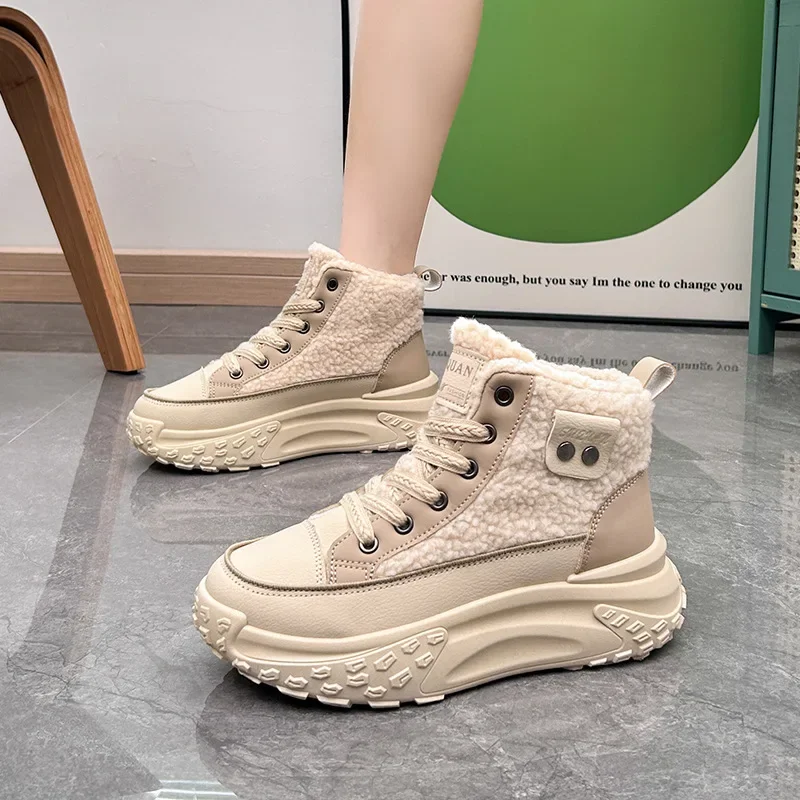 Winter Warm lamb\'s wool  students cotton shoes tide casual Flats sneakers PU Plush Women Ankle Boots Lace Up Ladies Snow Boots