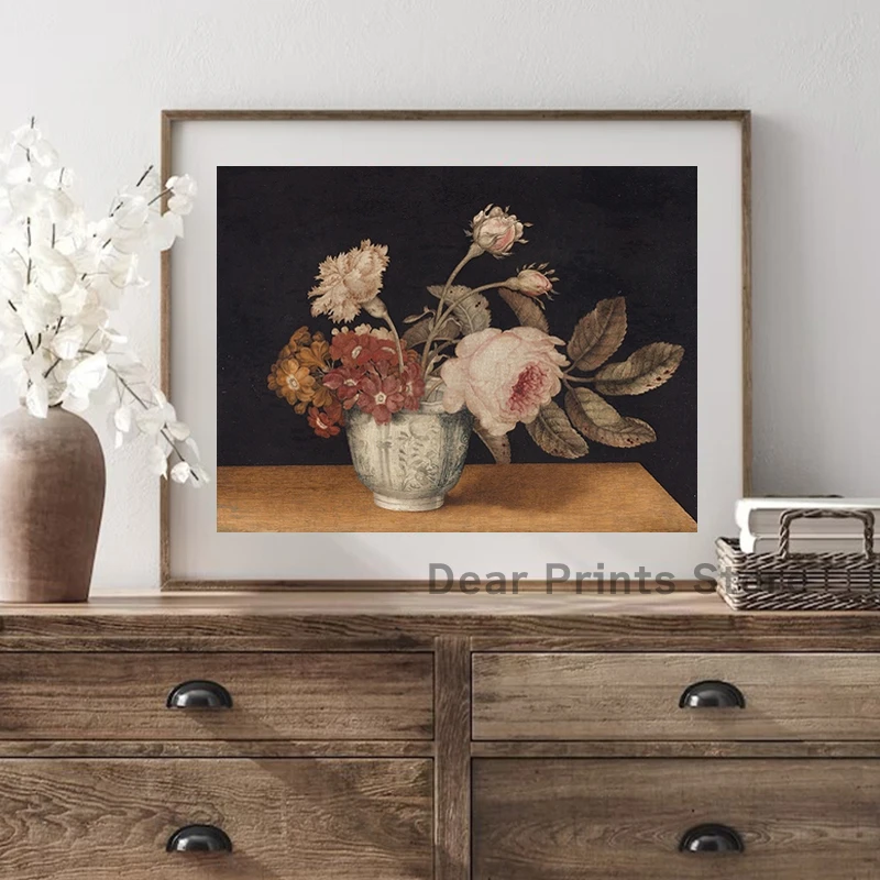 Dark Floral Still Life Oil Painting Moody Vintage Flower Art Print Antique Botanical Poster Canvas Painting Boho Chic Wall Decor