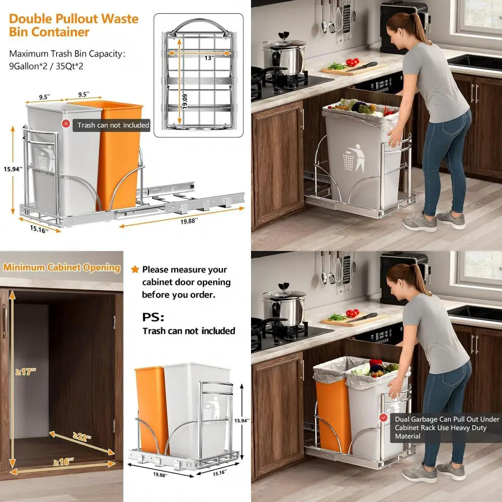 

Double Bin Pull-Out Trash Can Rack, Holds 7-9 Gallon Bins, Fits Cabinets 16W x 22D x 17H