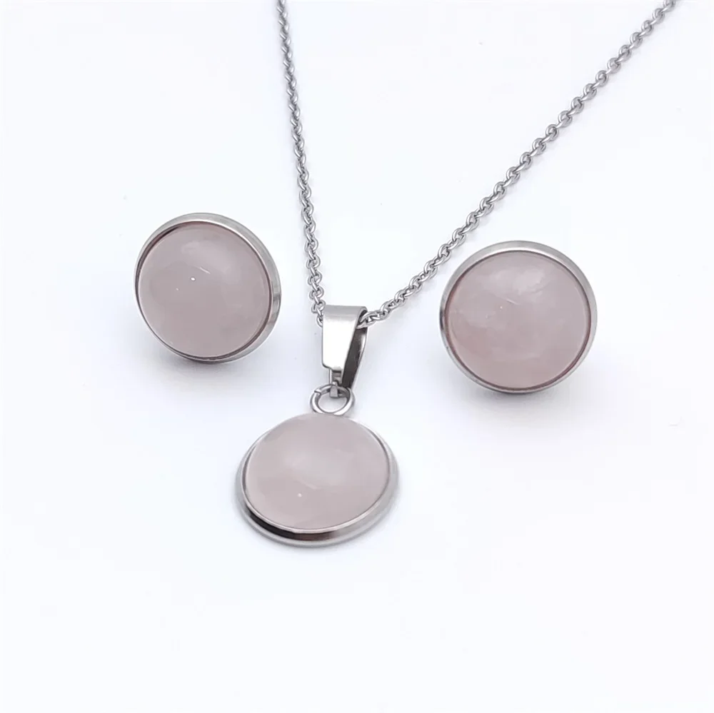 12MM Stone Pendant Stainless Steel Stud Earrings Necklace Jewelry Set Tiger Eye Opal Blue Pink Crystal Collar Women Men Gift