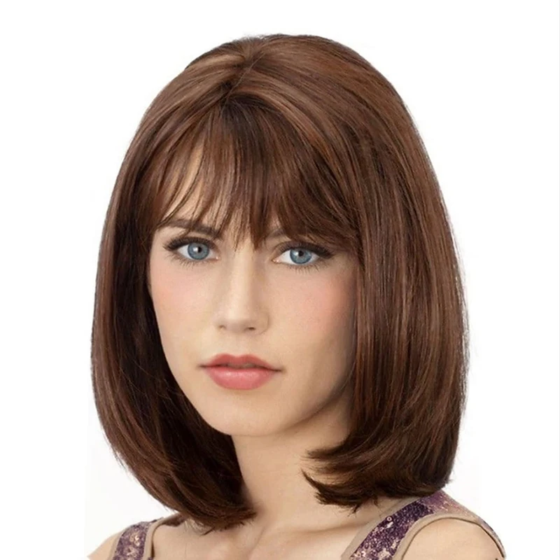 HAIRJOY  Short Straight Bob Wigs with Bangs Honey Brown Wig for Women  Heat Resistant Fiber Synthetic Hair