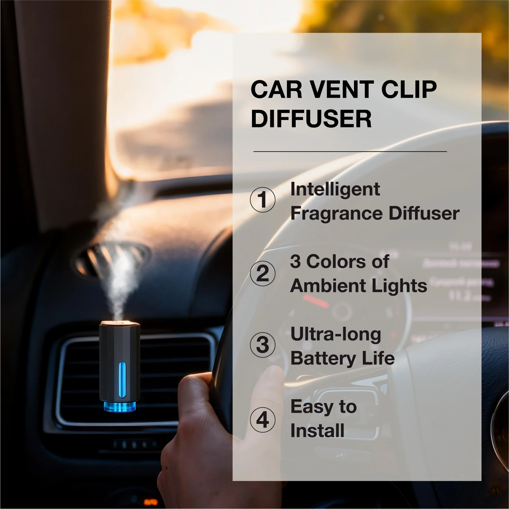Smart Car Air Freshener Diffuser – Auto On/Off Aromatherapy Diffuse With 3 Scent Modes, USB Rechargeable, Vent Clip, Long-Lastin