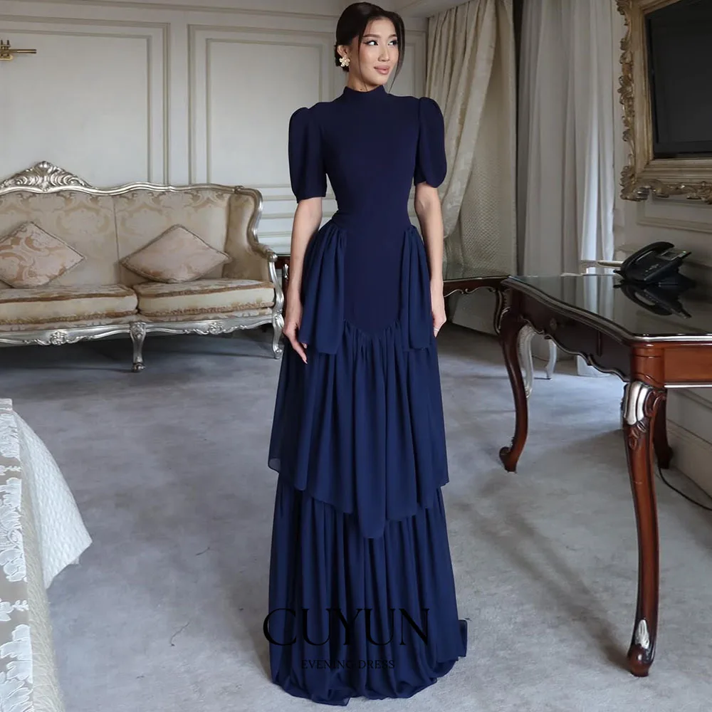 

CUYUN Customized Navy Blue Long Prom Dresses Women O-Neck Short Sleeves Tiered Draped Evening Party Gown Lace-up Formal Dinner