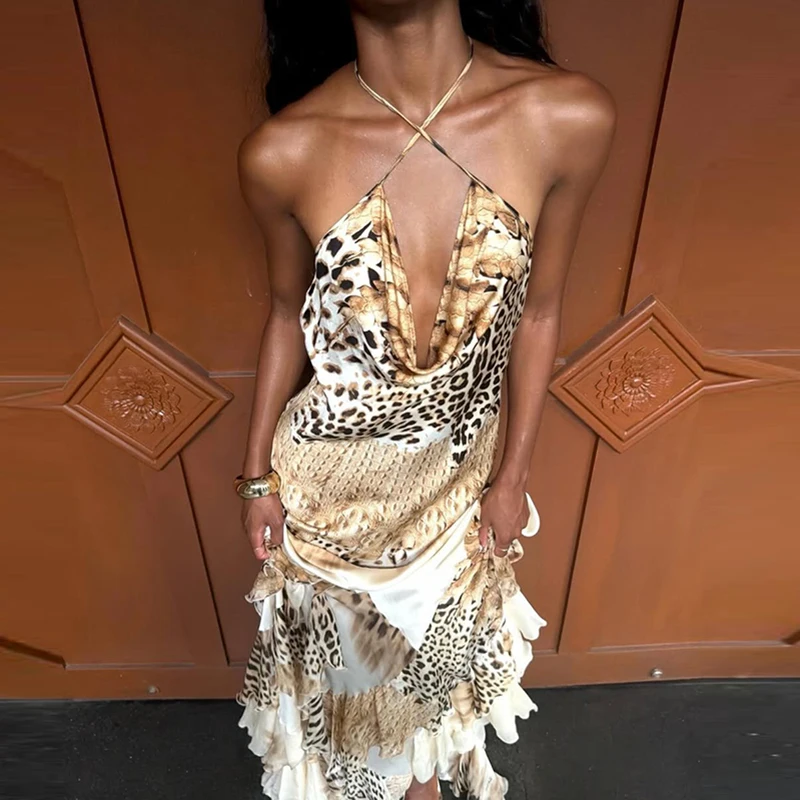 Vintage Leopardenmuster Rüschen-Maxikleid Damen Frühling Sexy Neckholder Ausgeschnittenes Partykleid Neues Sommer Rückenfreies Locker Sitzendes Langes Kleid