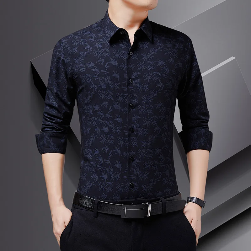

Brand Dress Shirts Men Spring and Autumn New Long sleeve Shirt for Men Business Work Print Slim Turn-Down Collar Shirts