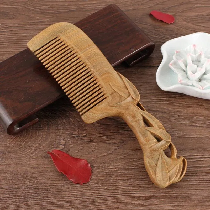 

Handmade Wooden Comb Natural Green Sandalwood Thickening Anti-Static Fine Tooth Massage Head Scalp Double Carving Handle Combs