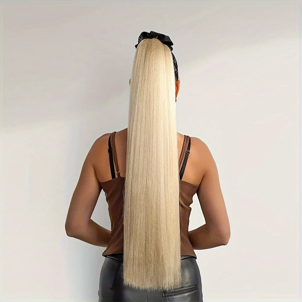 Extensiones de coleta recta sintética para mujer, banda de goma trenzada para el cabello, postizo de cola de caballo, peinado marrón Rubio de 28 pulgadas