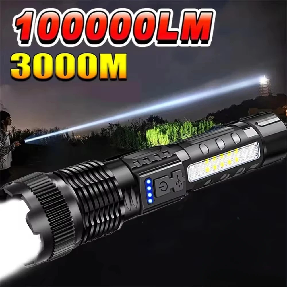 High Power Rechargeable LED Flashlight Long Range Strong Power Tactical Zoom Torch Outdoor Waterproof Camping Emergency Lantern