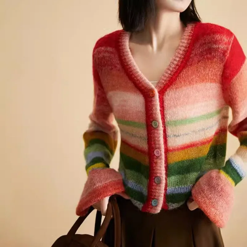 Rainbow Striped Sweater Women\'s Ultra-fine Mohair V-neck Loose Lantern Sleeves Sweet Gentle Versatile Knit Cardigan Top Women