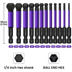 12Pcs 65mm Ball End Screwdriver Bits 1/4 Inch Hex Shank Metric Hex Bit Set Magnetic  Ball Head Allen Wrench Drill Bit