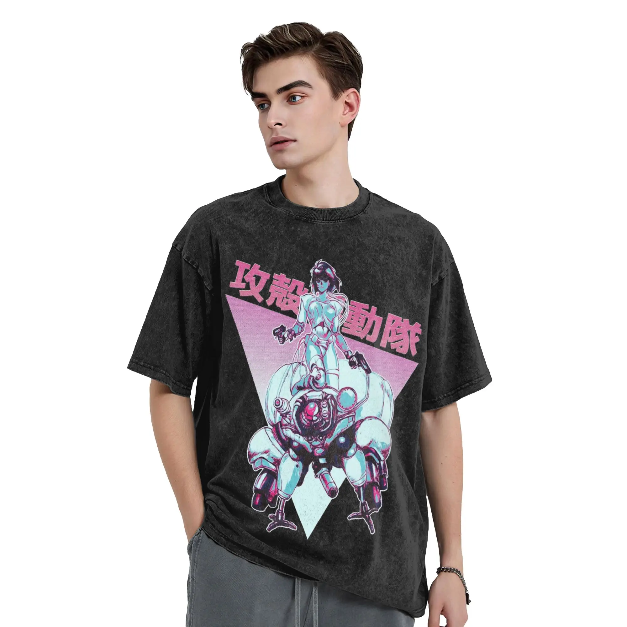 Retro Ghost in the Shell   Motoko Kusanagi Color B  Vintage Washed Tshirts For Men Women Crewneck Tops  Cotton Summer Tops