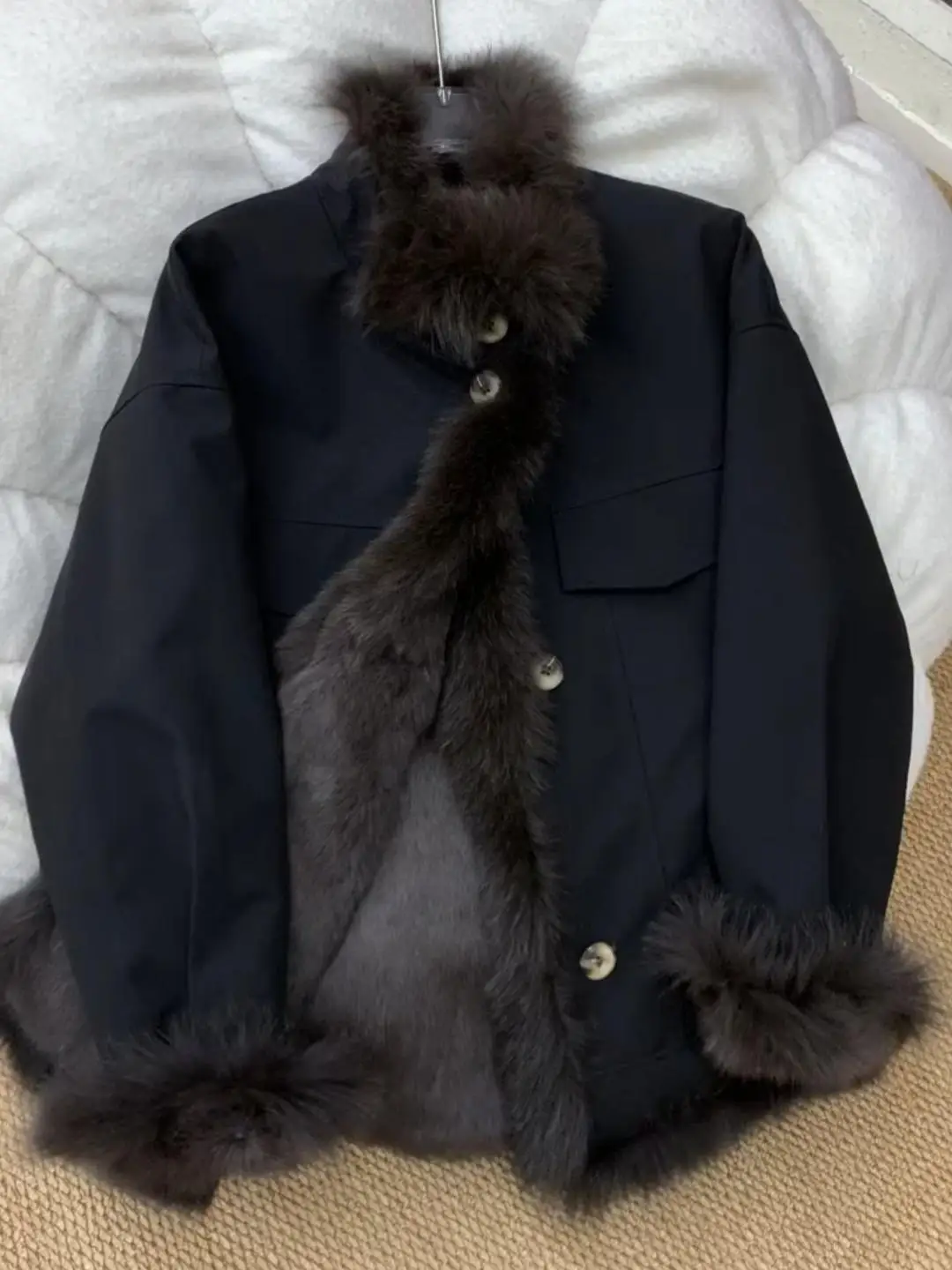 

Bla Fce Lined Parka Cotton Jaet Women Winter Large Size Cute Warm Cotton Clothes Stand Collar Single Button Closure