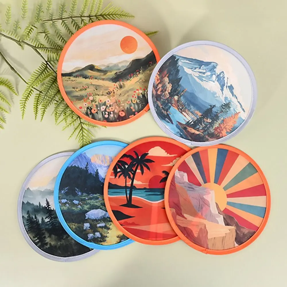 New Round Shape Round Foldable Hand Fans Flower Cartoon Cooling Fans Oil Painting Folding Fan Office