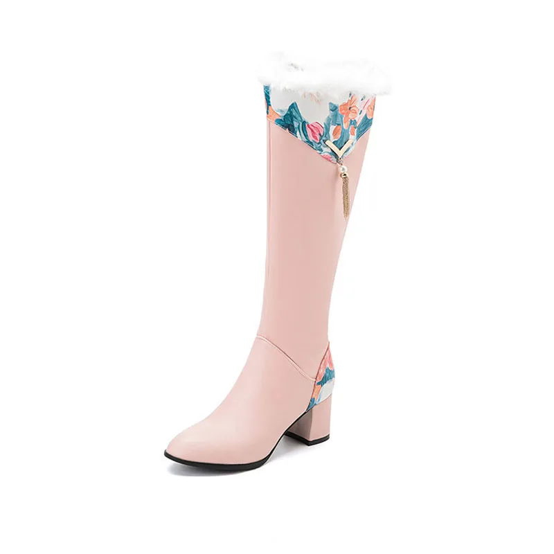 2024 Winter Knee High Boots for Women Printing Patchwork High Heels Women Shoes Big Size 43 Plush Warm Botas de Mujer WSH4935