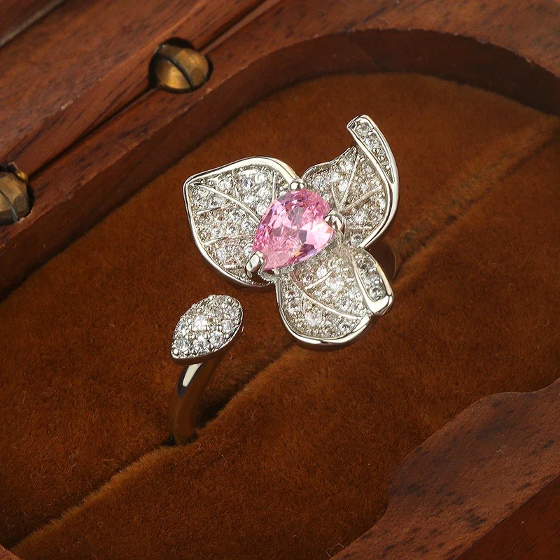 

New Fashion Pink Cubic Zirconia Adjustable Flower Ring 925 Silver Dainty Heart Jewelry for Women for Dates & Parties