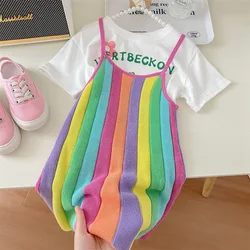 HoneyCherry Girls Summer Fashion Rainbow Color Sling Dress Girls Cartoon T-shirt with Candy-colored Dresses