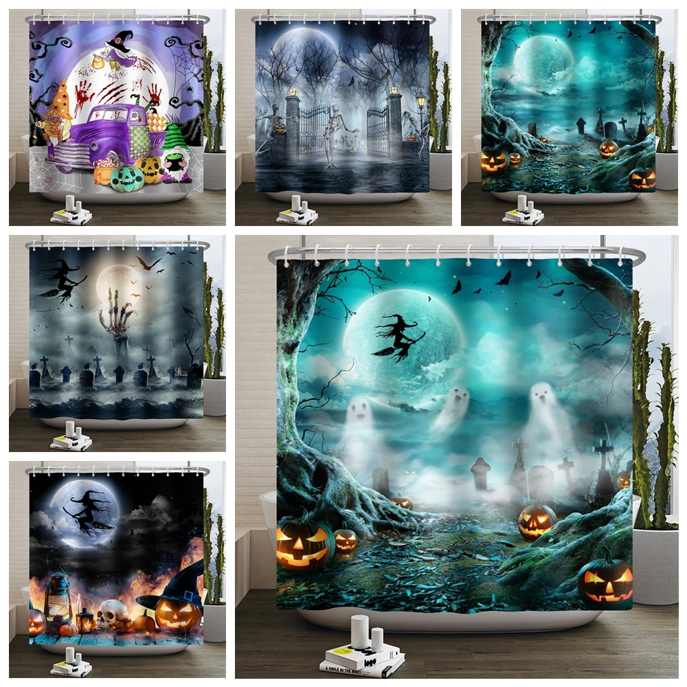 

Halloween Shower Curtain Horror Night Pumpkin Full Moon Witch Skull Gothic Waterproof Fabric Shower Curtain for Bathroom Decor