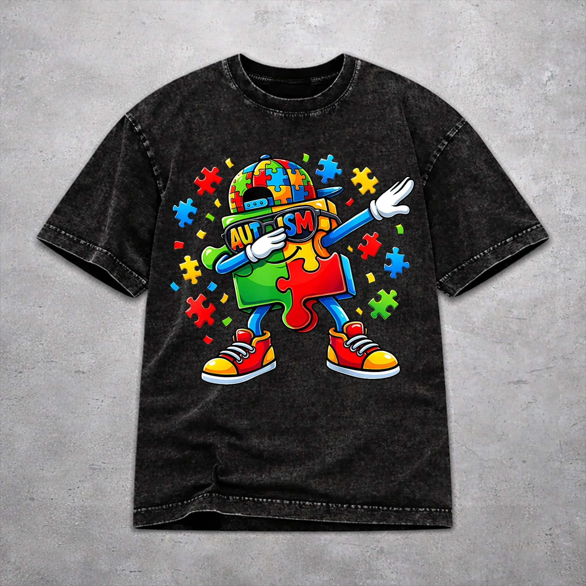 Men Women Dabbing Puzzle Autism Awareness Shirt Graphic Printed Cotton Washed  Harajuku T-Shirts