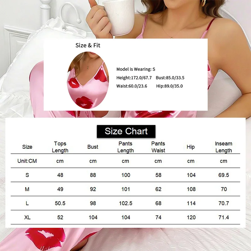 Summer Sexy V Neck Sleepwear Women Satin Pajamas Home Clothes Sleeveless Cami Tops & Long Pants Pyjama Femme Loungewear 2 Piece