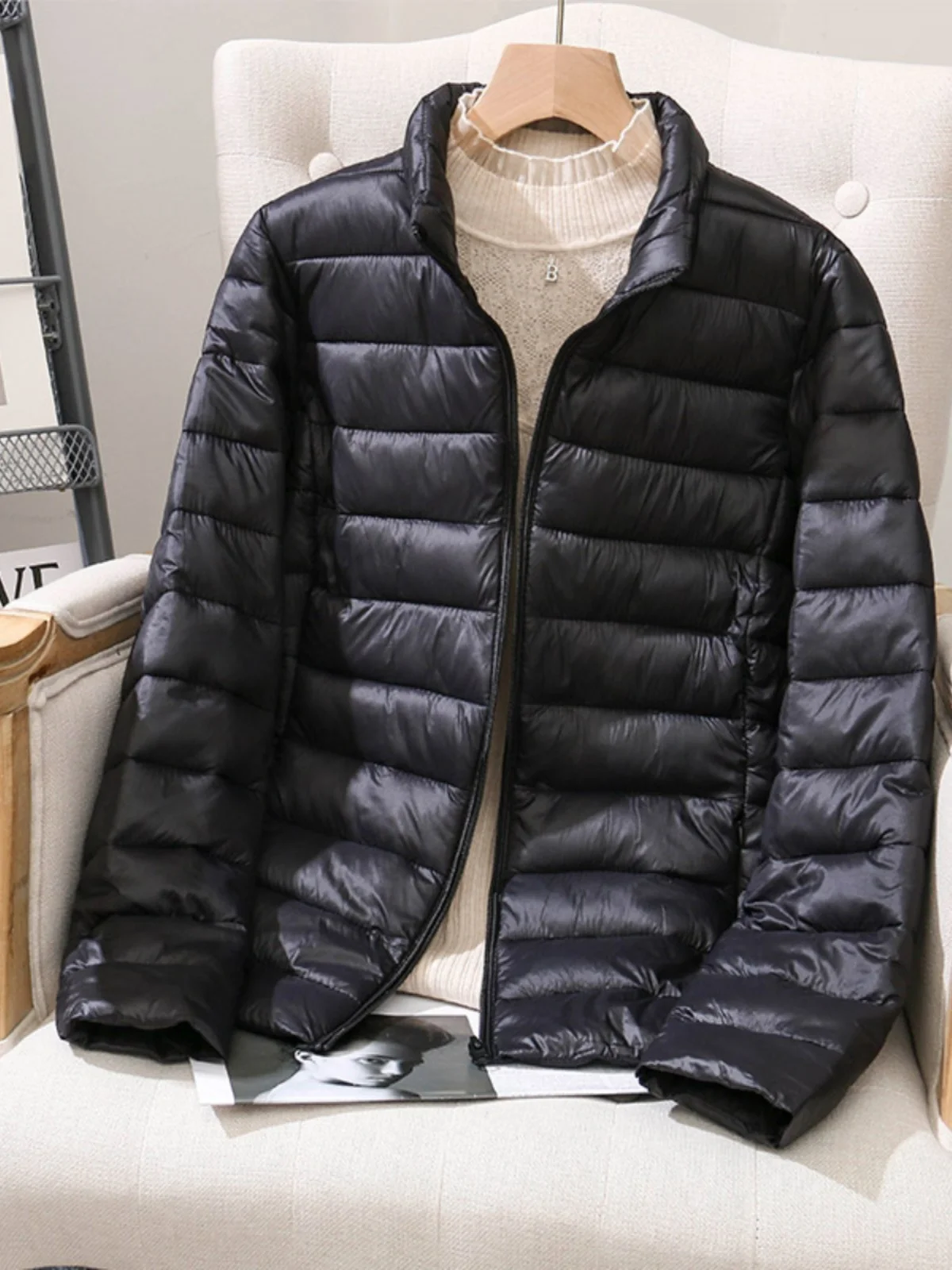 

Lightweight Padded Cotton Jaet Women's ort Sle Stand Collar Workwear Outerwear Trendy plus Size Nylon Fabric Zipper