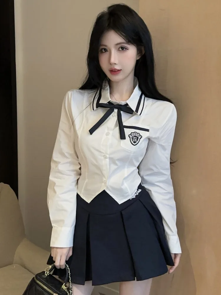 

Trendy College Age-Defying Shirt And Skirt Set High Waist Slim Fit Long Sleeve Collar Half-length Pleated A-Line Dress
