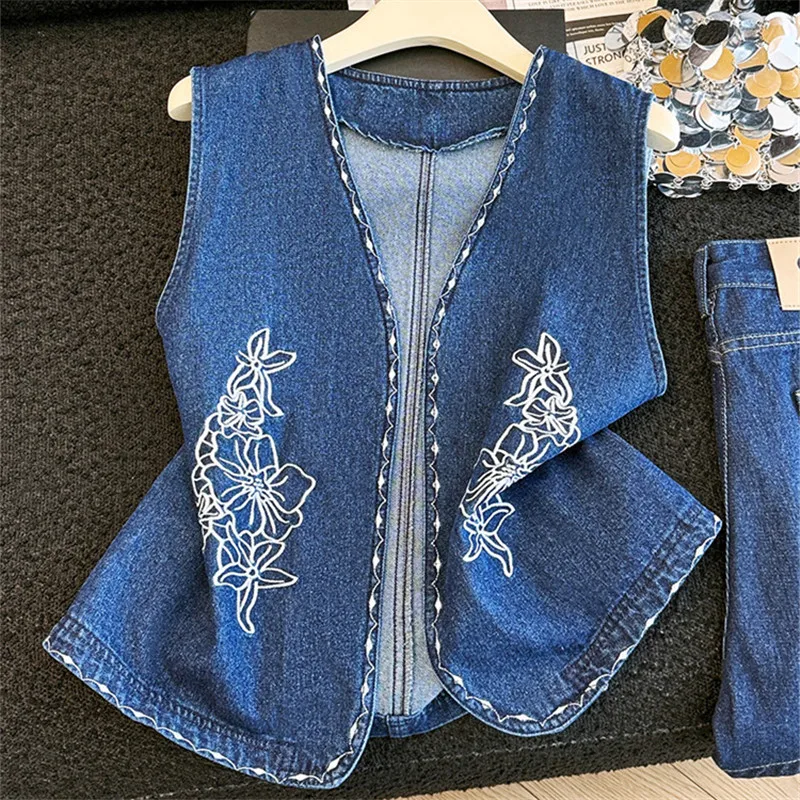 

Summer Women Vintage Flower Embroidery Blue Short Denim Vest Slim Thin Cardigan Korean V-Neck Sleeveless Cowboy Waistcoat Female