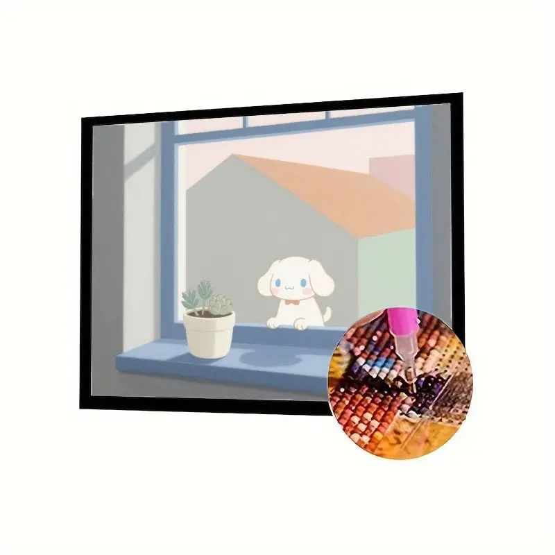 

1PC DIY 5D Diamond Painting Kit, Adorable Puppy Dog Peeking Out Window with Potted Plant Scene, Full Drill Round Diamond Art Emb