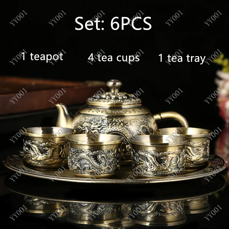 

6Pcs Luxury Turkish Arabic Tea Set Antique Bronze Finish Kung Fu Tea Set With Gift Box