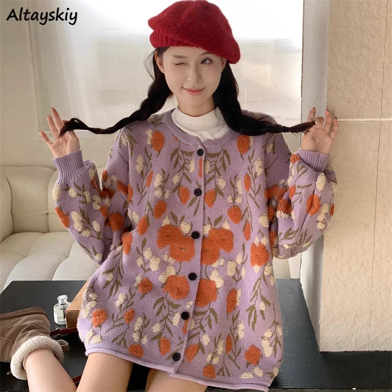 

Knitted Cardigan Women Floral Printed Loose Casual Autumn Winter Warm Tender Sweet Girls Slouchy O-neck Свитер All-match Stylish