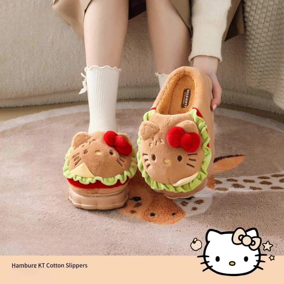 Nouvelles pantoufles en peluche Sanrio Hello Kitty, style burger, pour femmes, semelle épaisse, doublure en polaire, chaudes, idéales pour l'intérieur, chaussures d'intérieur adorables.