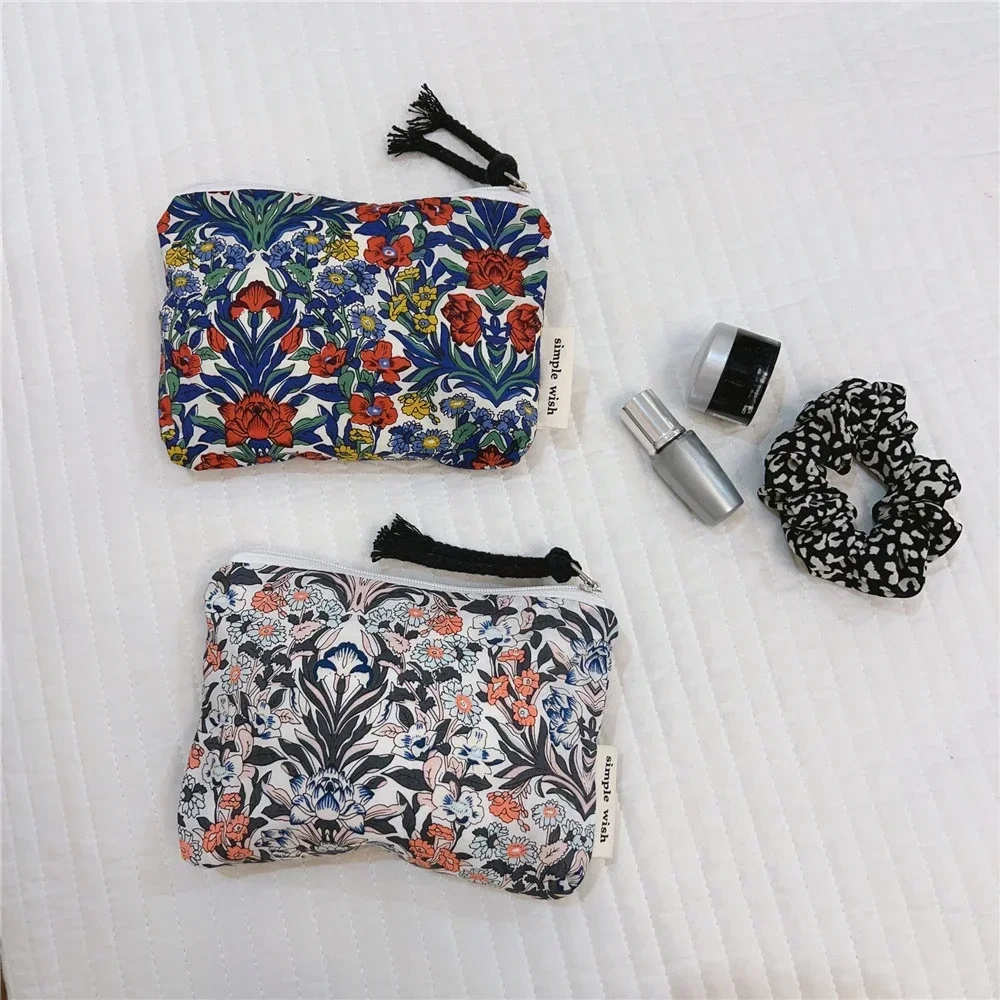 Retro Zipper Coin Purse Floral Print Small Cosmetic Bag Makeup Bag Key Data Cable Storage Bag Canvas Coin Pouch Card Holder Bags