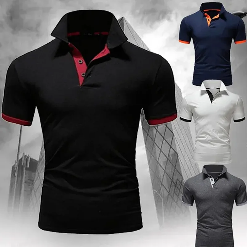 

Smart Casual Business Polo Shirt Solid Color Fashion Men Short-sleeved Button T Shirt Summer Outdoor Loose Black Classic Tees