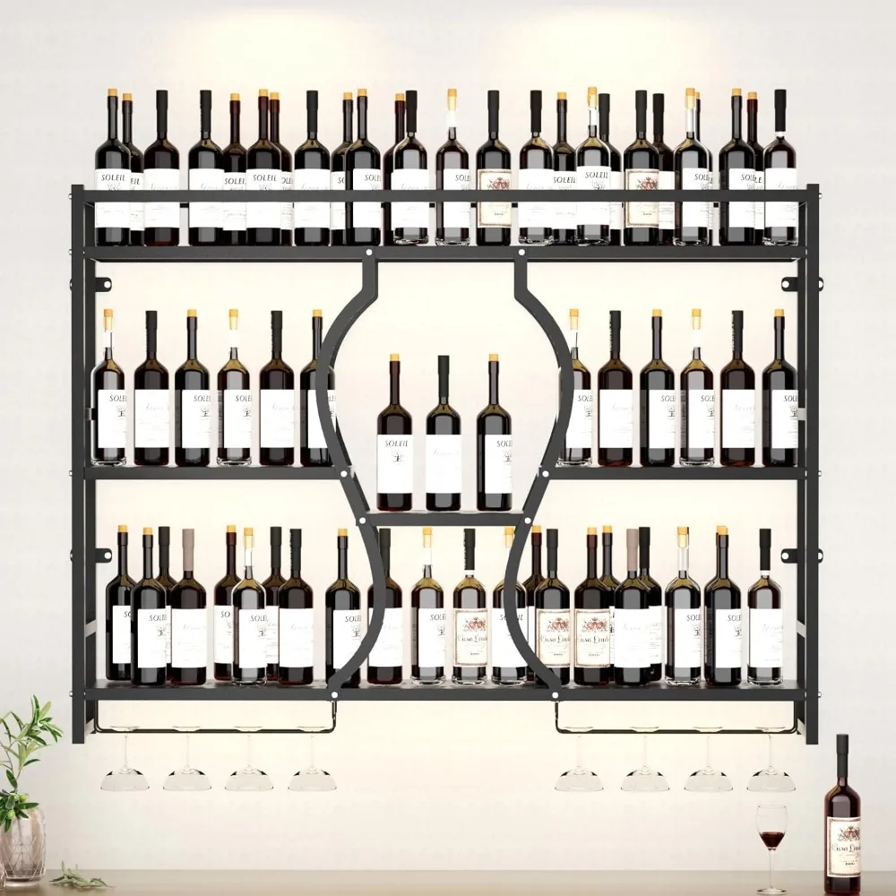

3-х уровневая настенная металлическая винная полка с барной полкой и держателем для стекла для кухни и бара